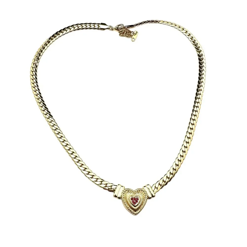 Womens Necklace Red Crystal Heart Gold Plated Choker Elegant Classic Design - Picture 1 of 3